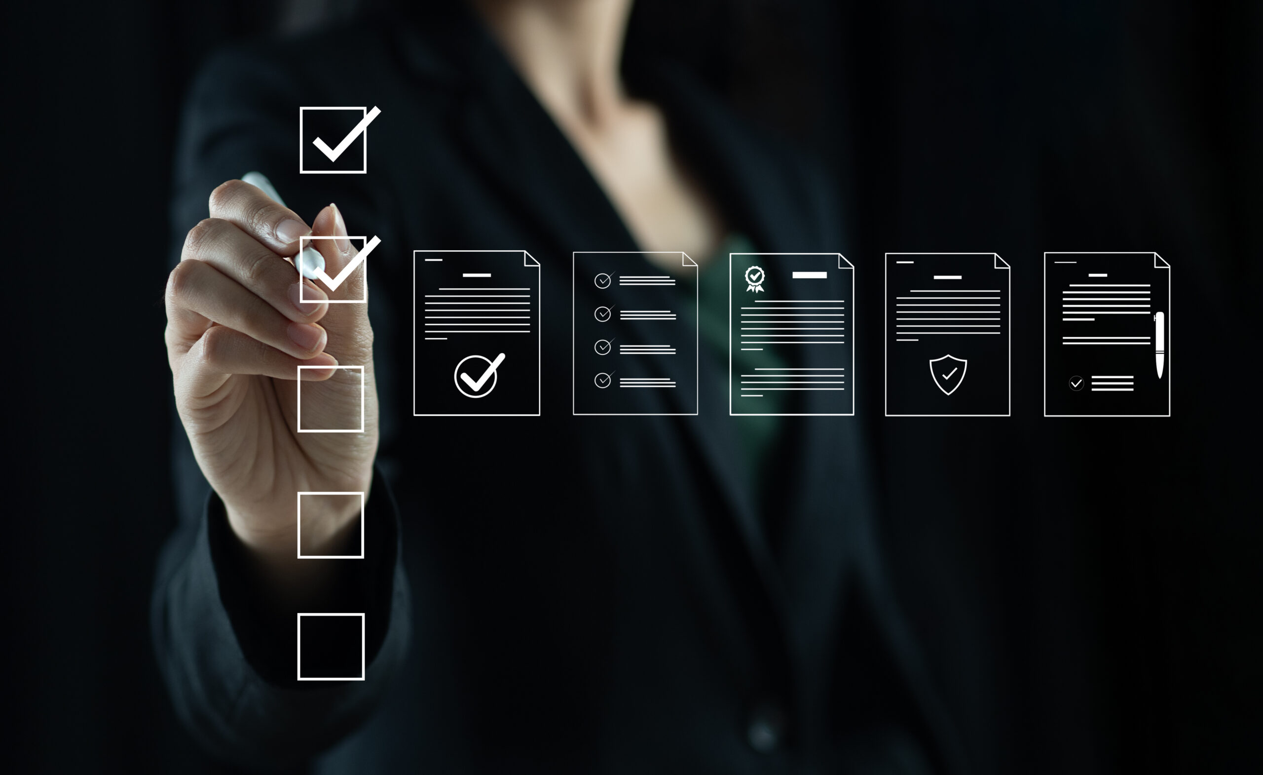 Businessman marking items in digital checklist. Quality assurance and document control with icons, representing quality assurance and document control processes, auditing and compliance.